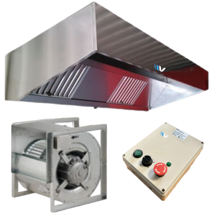 Stainless steel range hood package with smoke extraction motor and speed control with push-button switch