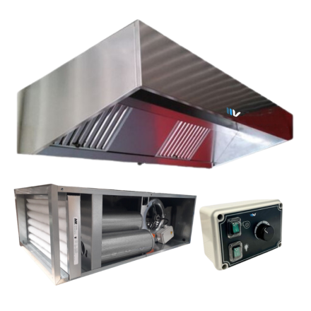 PACK Campana de acero inoxidable con caja de carbón antiolor + motor remoto para hostelería