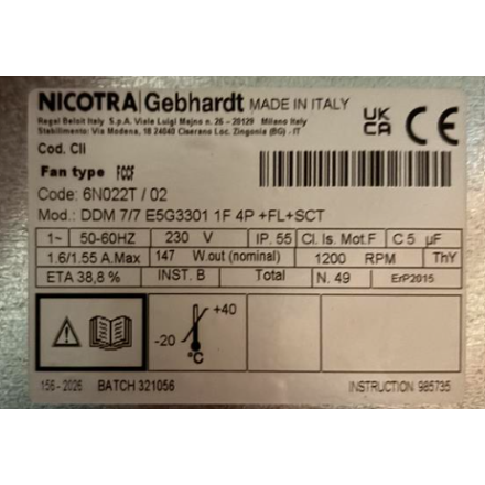 Motor turbina NICOTRA DDM 7/7 2000m3/h para campana extractora industrial